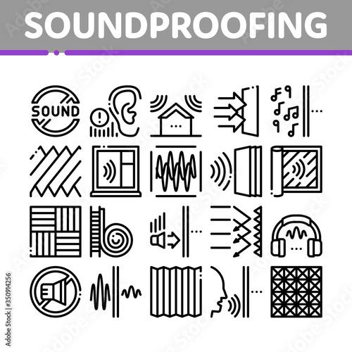 Soundproofing Building Material Icons Set Vector. Collection Of Soundproofing Windows And Roof, Wall Insulation And Floor Covering Concept Linear Pictograms. Monochrome Contour Illustrations