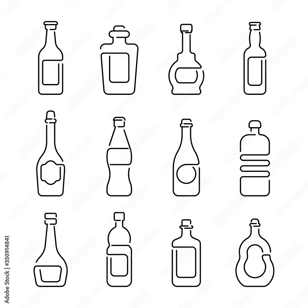 Bottle and beverage icons set in trendy flat outline style isolated on white background. Graphic element for your design. Vector illustration. Bottle and beverage icons set in trendy flat outline style isolated on white background. Graphic element for your design. Vector illustration.