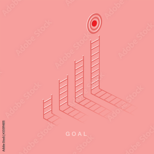 Growth or increase design concept. Ladder step as staircase growing up to target aiming. Success achievement or goal business motivation. Infographic elements 3d isometric vector illustration
