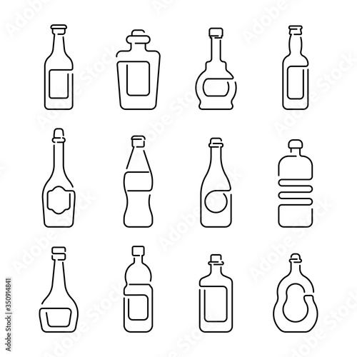 Bottle and beverage icons set in trendy flat outline style isolated on white background. Graphic element for your design. Vector illustration.
