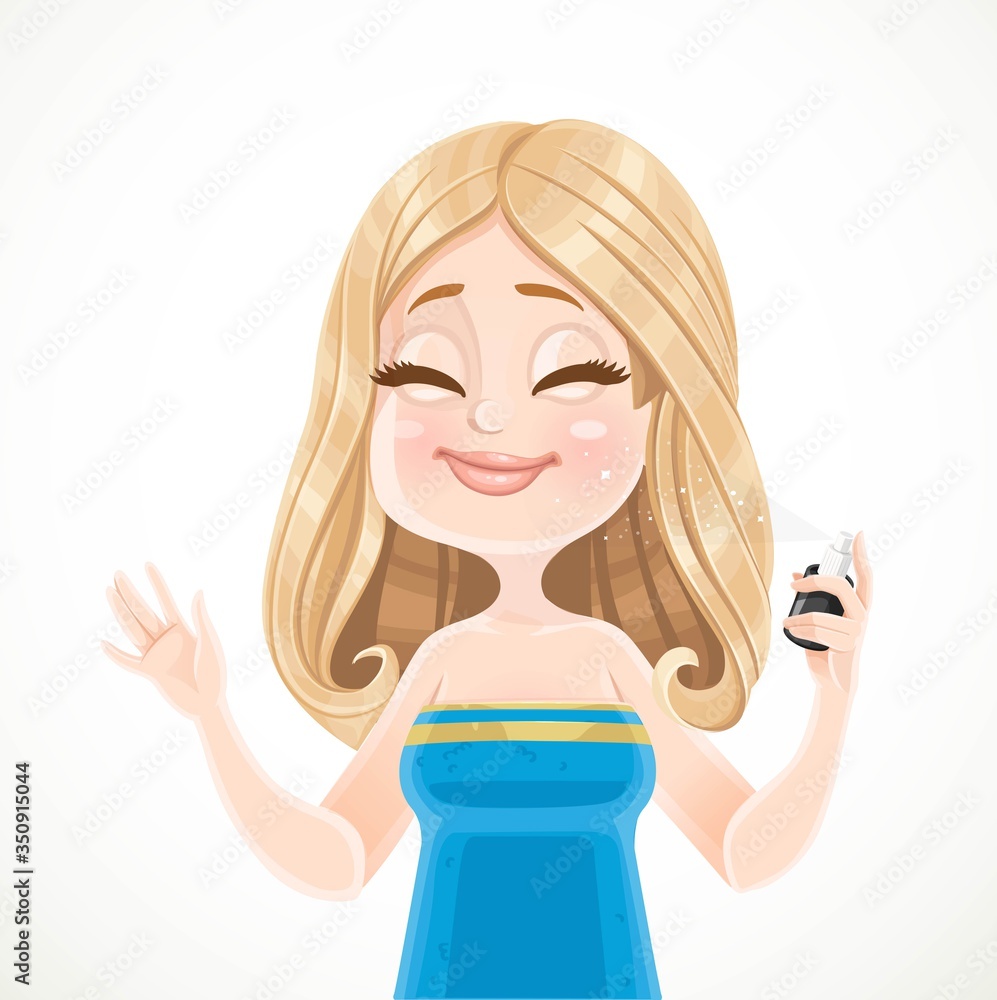 Φωτογραφία Cute blond girl in blue sauna towel sprays thermal water on his face isolated on