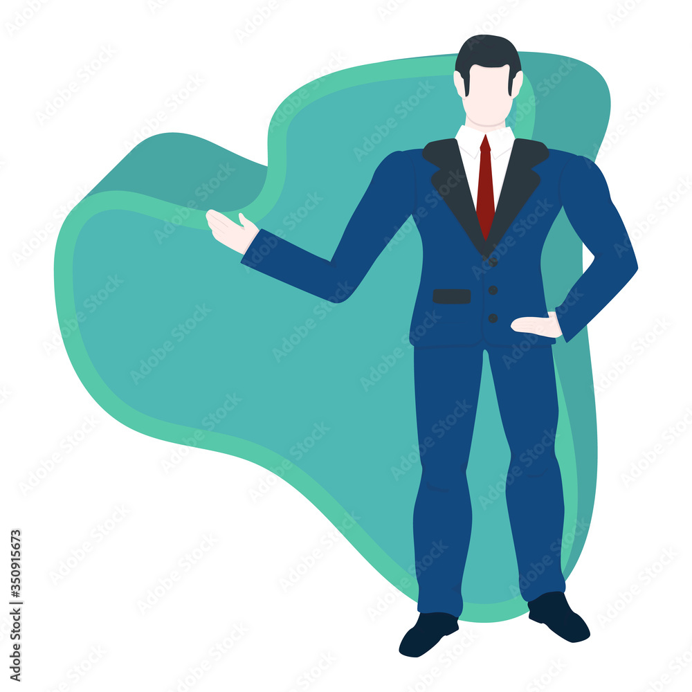 Businessman with green tick success sign. Successful business man stands confidently and points his hand up. Man in handsome suit. Vector illustration with shadows. Design for financial concept. Businessman with green tick success sign. Successful business man stands confidently and points his hand up. Man in handsome suit. Vector illustration with shadows. Design for financial concept.