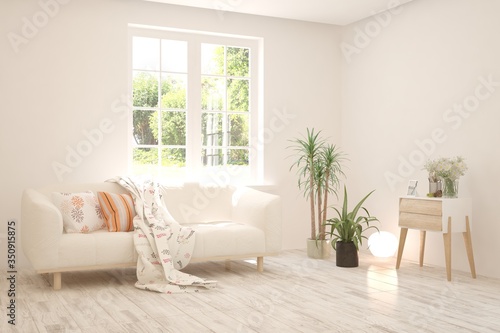 White living room with sofa and summer landscape in window. Scandinavian interior design. 3D illustration