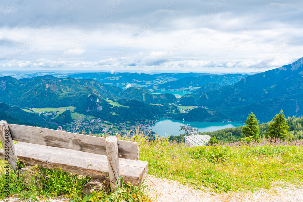 View of St.Gilgen village, Wolfgangsee lake and surrounding mountains from Zwolferhorn mountain in Salzkammergut region, Austria View of St.Gilgen village, Wolfgangsee lake and surrounding mountains from Zwolferhorn mountain in Salzkammergut region, Austria