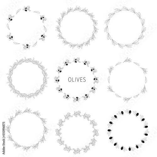 Set of round frames with olive branches and leaves. Vector image isolated on white background. Hand drawn.