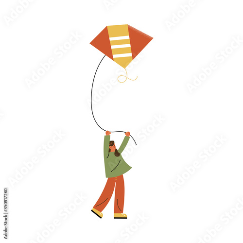 Happy girl flying kite outdoors vector illustration