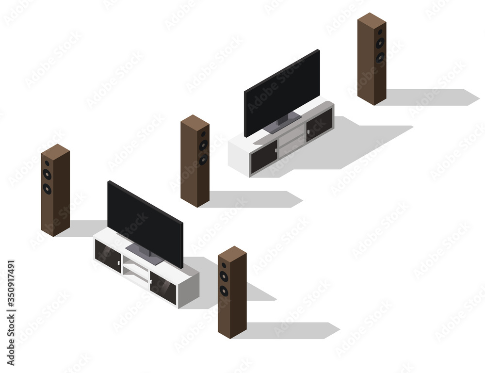 Isometric modern TV stand and speakers. Home theater system.