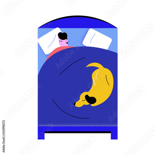 Man sleeping in big bed with blue linens at home with dog vector illustration