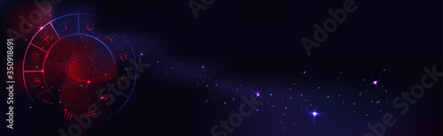 Vector night sky background with astrological circle and zodiac signs. Space horizontal background with stars. Illustration in dark colors