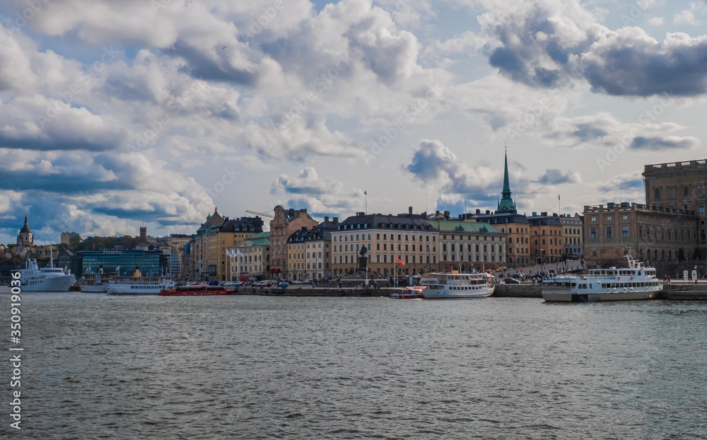 Buildings on Strandvagen embankment, Stockholm, Sweden. August 2018.