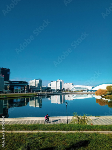 City view with river on sunny day. Minsk, Belarus