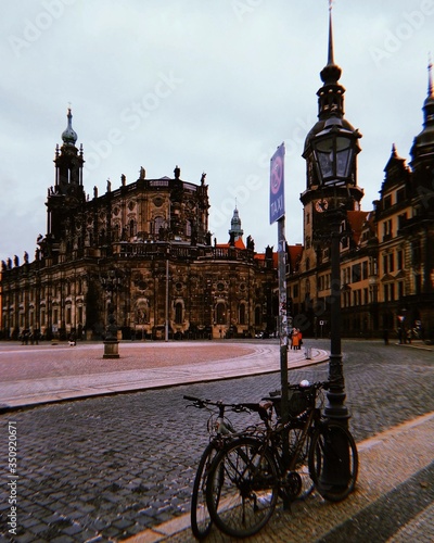 Dresden old town square on cloudly weather with bike. Germany architecture