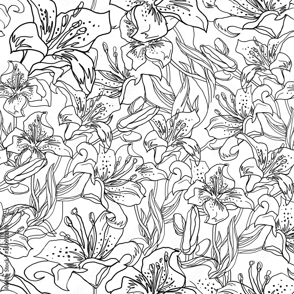 Obraz premium Lily flower, bubs and leaves. Free hand drawing by contour. Outline black-white seamless sketch in doodle style with solid fill background. Contemporary Home textile, wallpaper, interior fabric.