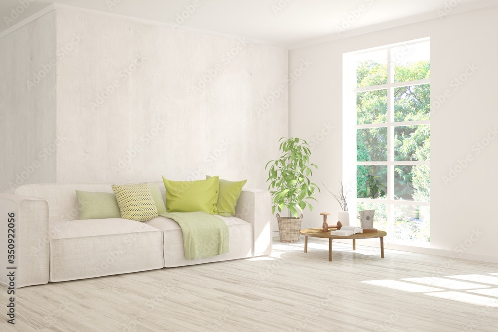 Fototapeta premium White living room with sofa and summer landscape in window. Scandinavian interior design. 3D illustration