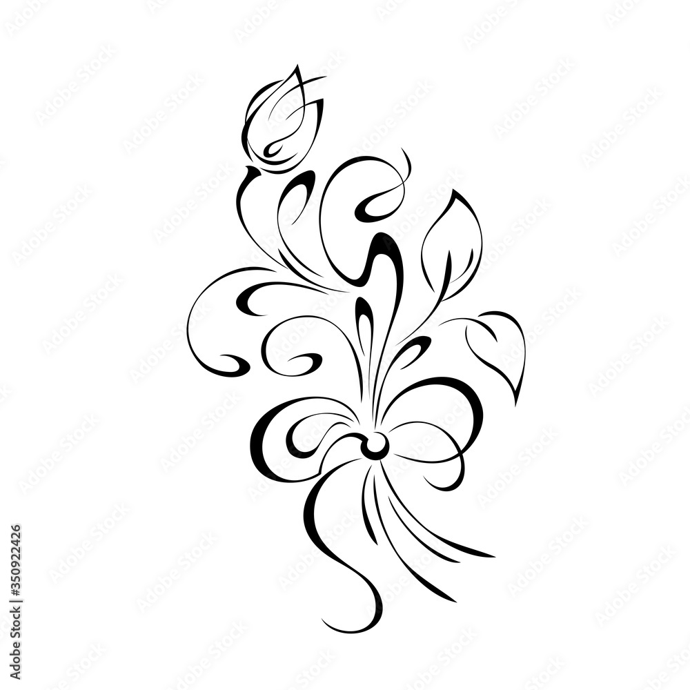 ornament 1177. decorative element with a stylized flower Bud on a stem with leaves, curls and a stylized bow in black lines on a white background