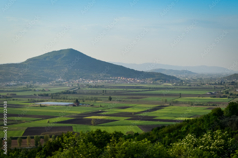 Panoramic view of the fields and vineyards on the Euganean Hills, near Este, Padova, Italy.