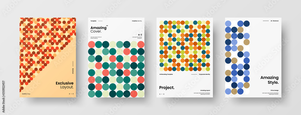 Fototapeta premium Company identity brochure template collection. Business presentation vector A4 vertical orientation front page mock up set. Corporate report cover abstract geometric illustration design layout bundle.