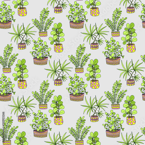 Seamless pattern with cute hand drawn flower plants in pots. Doodle vector bright illustration house plants for your designes of packaging, clothing, textile and mutch more. photo