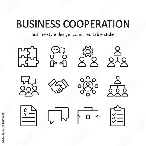 Set of business cooperation vector icons. Contains such Icons as relationship, partnership, strategy, and more . Suitable for website design, template, and ui. Line style design. Editable stroke.