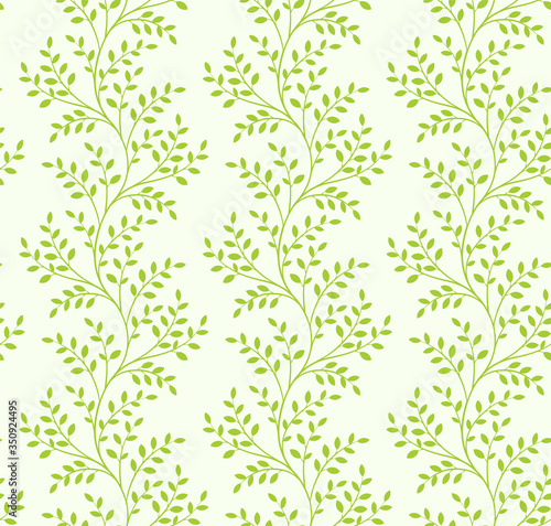 Pattern with leaves, light green background. Decorative, abstract. Suitable for curtains, wallpaper, fabrics, tiles, wrapping paper.