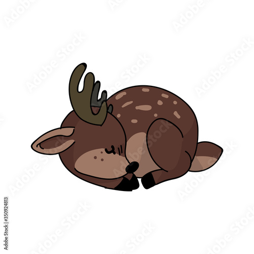 Cute forest sleeping deer animal vector illustration. Buck deer with antlers. Childlish hand drawn doodle style. For baby nursery decor, boho kids fashion, trendy doodle woodland graphic design. 