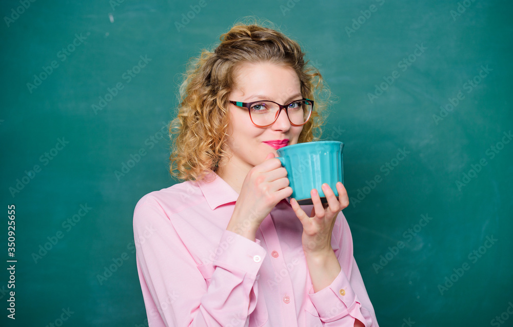 Back to school. Energy charge for whole day. Teacher eyeglasses drink coffee chalkboard background. Woman enjoy coffee before classes. Coffee addicted. Sip recharging body and mind. Dose of caffeine Back to school. Energy charge for whole day. Teacher eyeglasses drink coffee chalkboard background. Woman enjoy coffee before classes. Coffee addicted. Sip recharging body and mind. Dose of caffeine