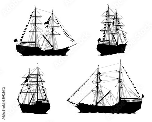 Old sailing ship at sea. Isolated silhouettes on a white background