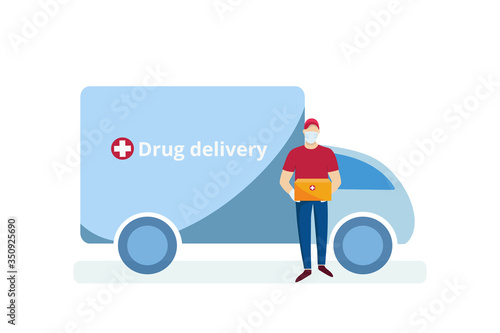 Deliveryman in medical protective mask carrying medical products and a delivery truck in the background. Healthcare delivery service concept. Vector illustration.