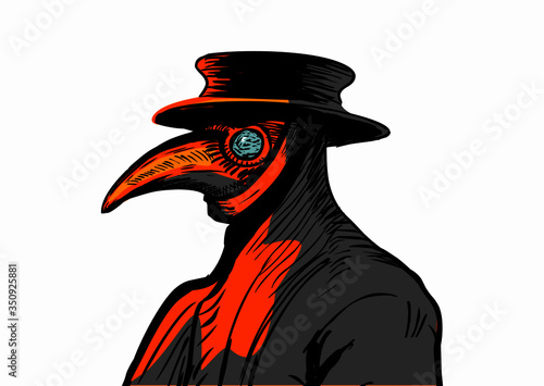 Plague doctor with bird mask and hat. Medieval spooky costume with long beak.