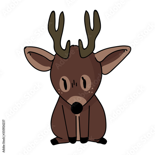 Cute forest sitting deer animal vector illustration. Buck deer with antlers. Childlish hand drawn doodle style. For baby nursery decor, boho kids fashion, trendy doodle woodland graphic design. 