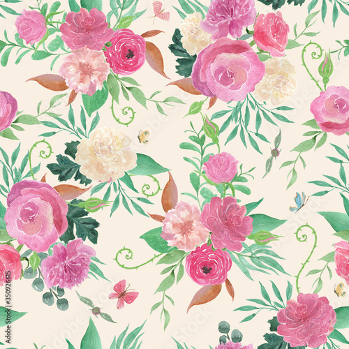 Watercolor painting seamless pattern with rose, peony flowers. 
