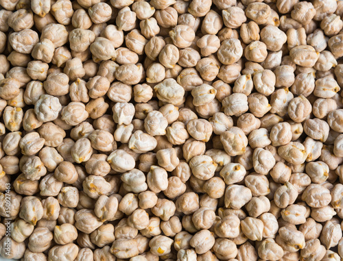 Food background. Chickpeas, close up, top view