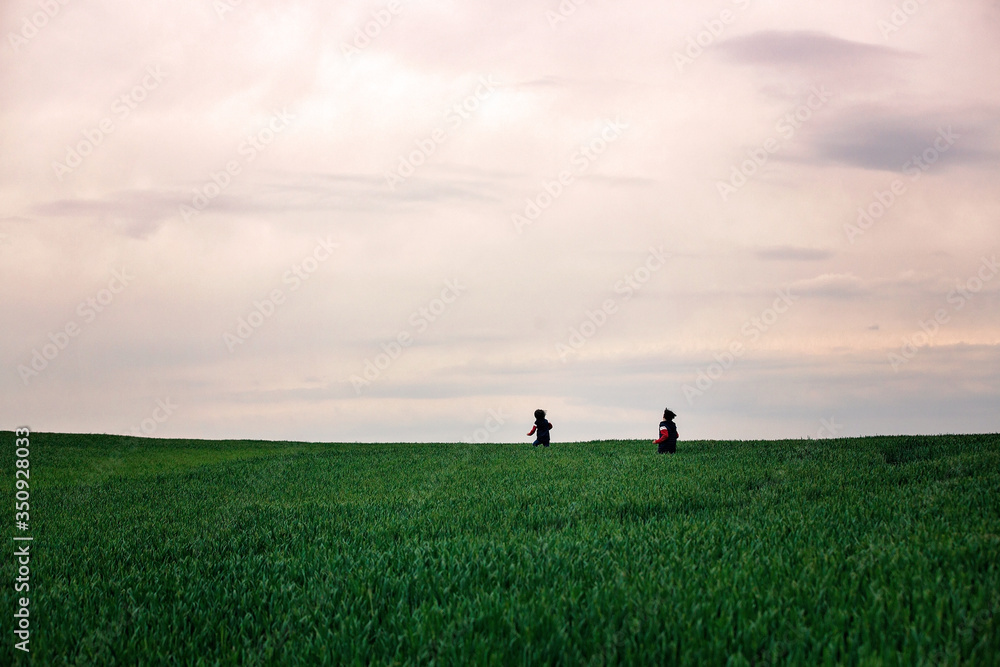 Preteen children, boys, running in green field on a cloudy day