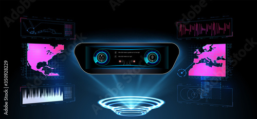 Cyberpunk Sky-fi helmet or cockpit dashboard with speedometer, infographics and indicators. Vector Hi tech future design. HUD GUI UI user interface Cyber technology Futuristic for Virtual Reality