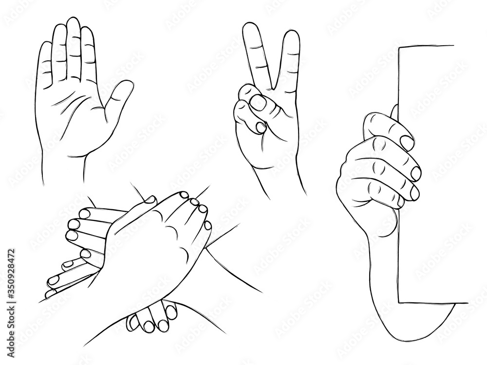 Male hand gestures for winner, peace, stop, distancing, teamwork, success and presentation isolated on white background. Male hand gestures for winner, peace, stop, distancing, teamwork, success and presentation isolated on white background.