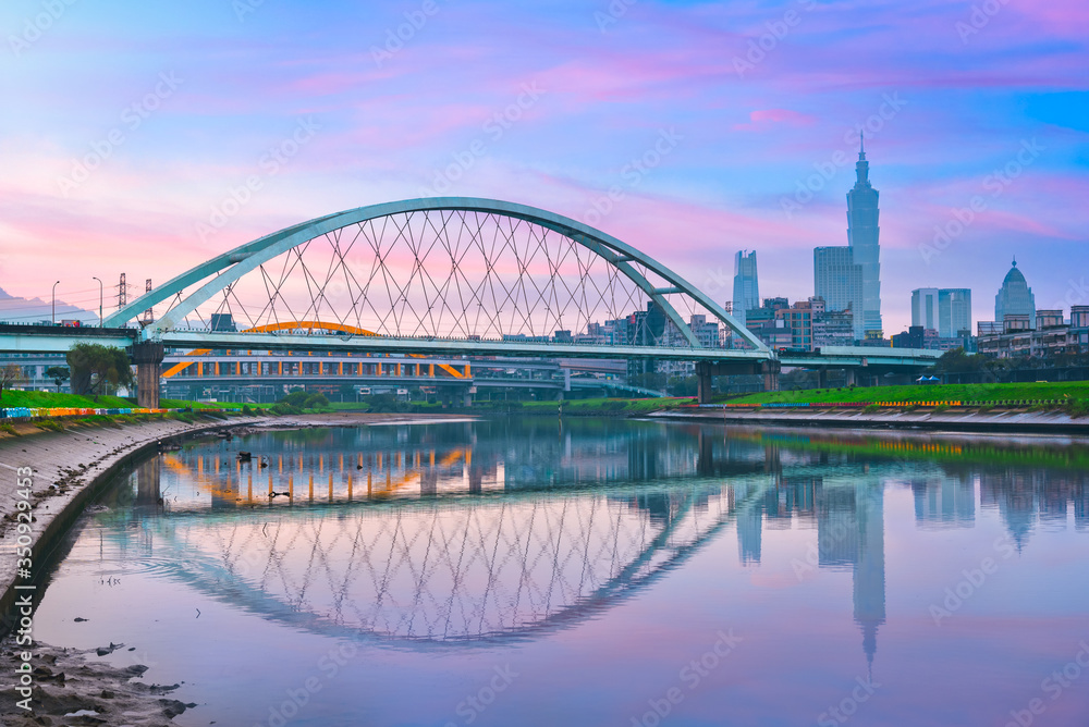 Rainbow Bridge, landscape view of long bridge lies across the Keelung river with colorful sunset sky at Songshan district, Taipei City, Taiwan