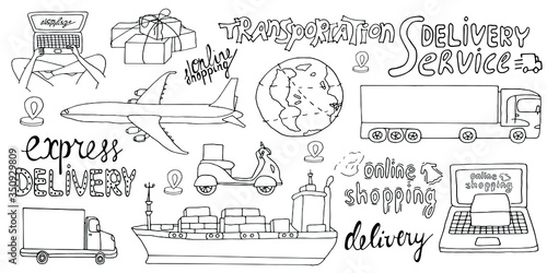 Set of delivery services, shipping goods by different transport - airplane, ship, lorry, wagon. Doodle vector illustration. Line art for web banners, any design, printed materials. Lettering.