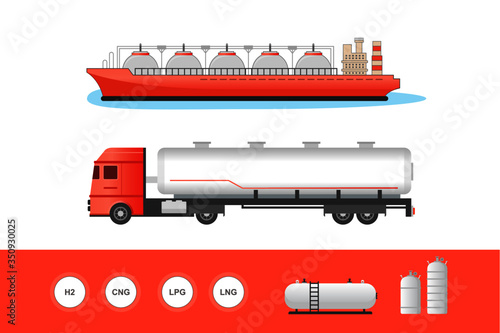 Oil and gas transportation ship, truck LNG, LPG, CNG, transport vehicle   