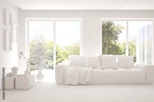 White living room with sofa and summer landscape in window. Scandinavian interior design. 3D illustration