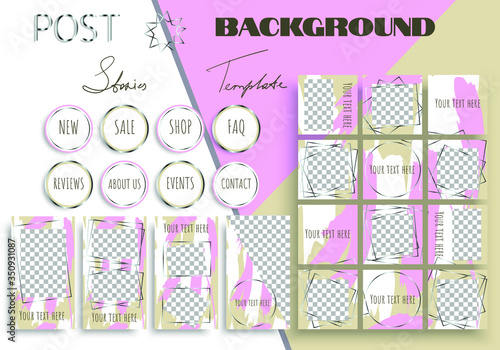 Set of the social media banners, including post background, stories template, hightlights. Mockup with pazzle style, fashionable glamor colors and metal frames.