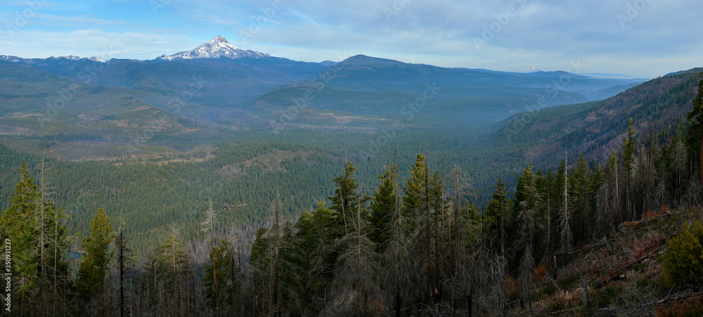 Mountain panoramic view with the Mt Jefferson from Green Ridge Lookout in central Oregon in the morning.