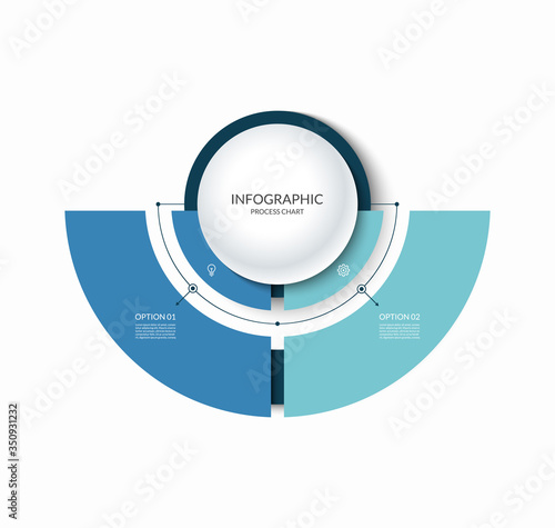 Infographic semi circular chart divided into 2 parts. Step-by step diagram with two options.