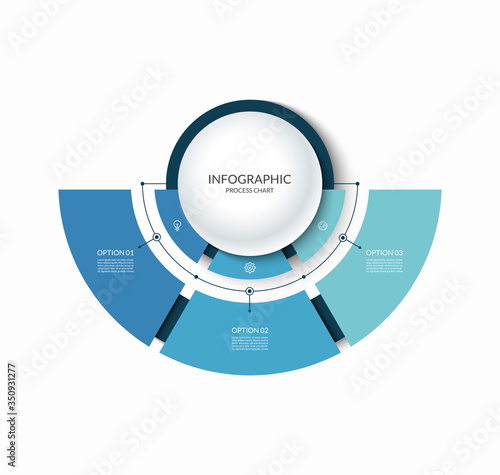 Infographic semi circular chart divided into 3 parts. Step-by step diagram with three options.