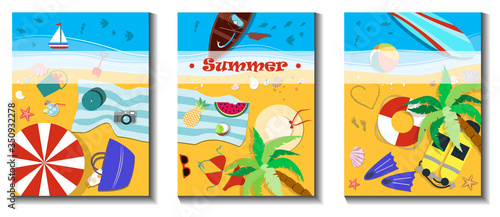 a set of three beach holiday illustrations. Flat vector, top view of the beach with the sea, umbrellas, sun beds, surfing and other summer accessories for sea adventures. Summer posters, for