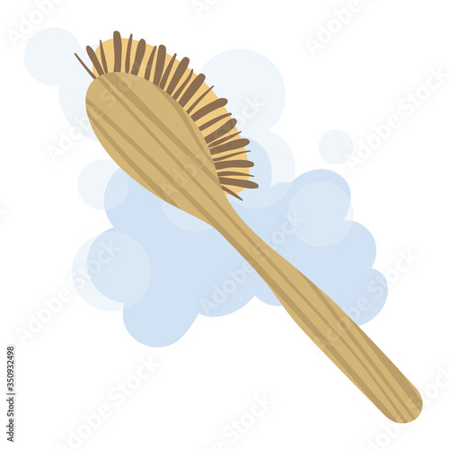 Wooden brush with coarse bristles for washing in the bath. Vector illustration.