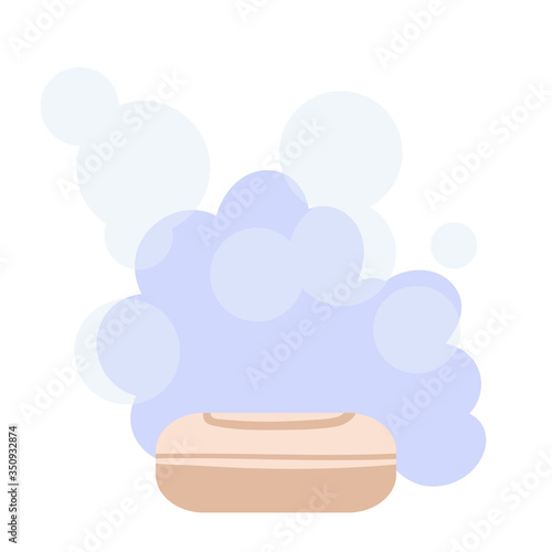A bar of soap, soap suds and flying bubbles. Vector illustration.