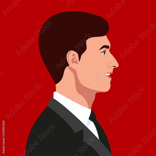 Young handsome guy profile avatar. Smiling man portrait. Vector Illustration on red background.