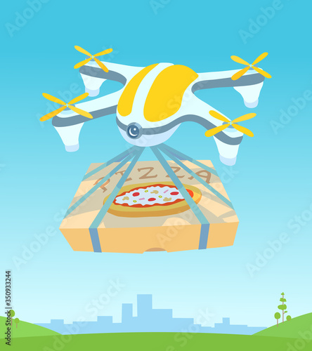 A delivery drone flying, carrying a cardboard pizza box. Fast food delivering. A city, sky, a green meadow on the background. A vector cartoon illustration.