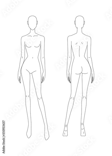 Sketch of the female body. Girl model. Front and back view. Female body template for drawing clothes. You can print and draw directly on the thumbnails. Fashion Illustration.