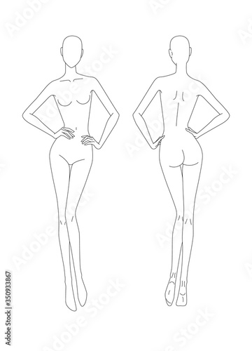 Sketch of the female body. Girl model Front and back view. Pose hands on the belt. Female body template for drawing clothes. You can print and draw directly on sketches. Fashion Illustration.